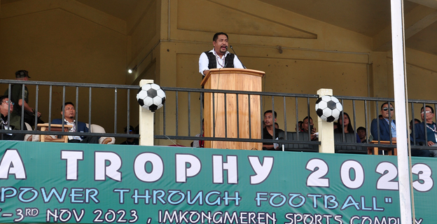 MLA and General Secretary of Nagaland Football Association (NFA), Benei M Lamthiu speaking at the inaugural of MDFA Trophy 2023