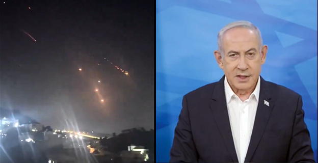 Screen grabs of drones and missiles fired by Iran on Israel (left) and Israeli prime minister Benjamin Netanyahu.