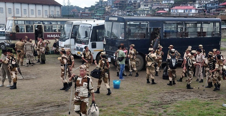 Security personnel including the IRB (Mahila) at Imkongmeren Sports Complex, Mokokchung before being deployed to the polling stations on 25 June 2024.