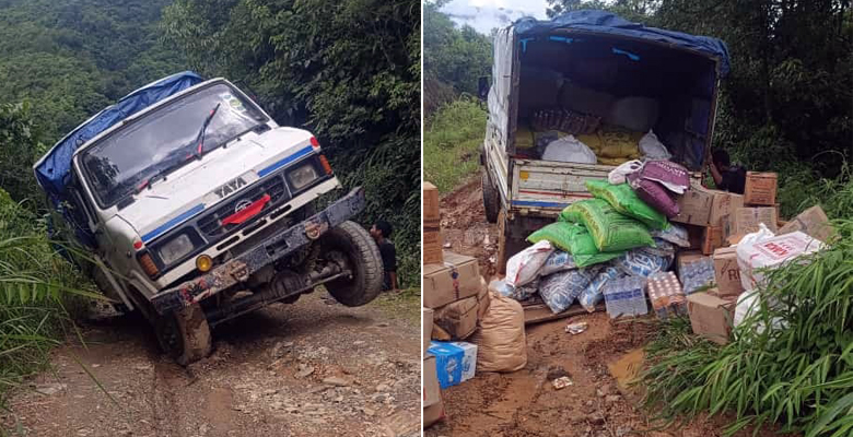 The mini truck that took four days to reach Thonoknyu in Noklak from Tuensang via Shamator due to deplorable road conditions.