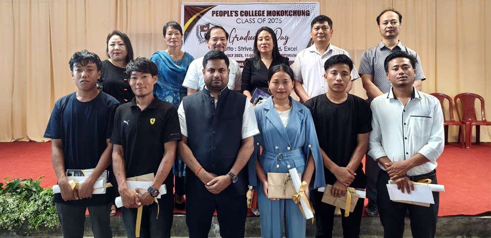 Graduates of People’s College with the Deputy Commissioner of Mokokchung, members of the Board of Governors, and college authority during the Graduation-cum-Felicitation programme.