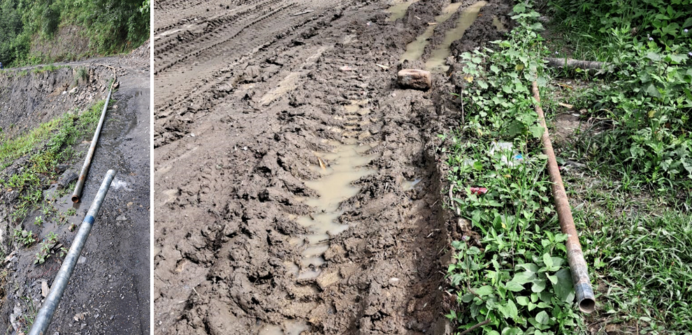 Damaged water pipelines of Kezoma village, caused by the continuous movement of diverted traffic following the NH-2 landslide at Phesama.