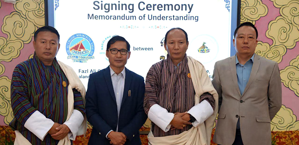 Dr I Wati Imchen, Principal of Fazl Ali College (second from left), and Chewang Rinzin, Vice-Chancellor of the Royal University of Bhutan (second from right), signed the MoU on August 5 on behalf of Fazl Ali College and Sherubtse College, respectively.