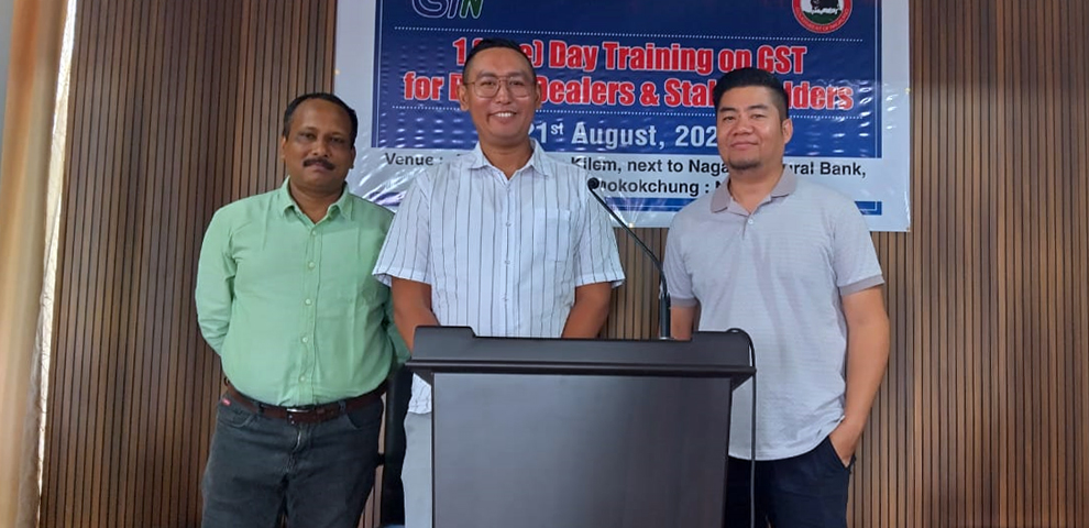 Yanrenthung Yanthan, Assistant Commissioner of State Taxes (centre), with Zeko Mero, Technical Manager, IT Cell (right), and Biju Sarmah, Data Analyst, IT Cell, during the GST training programme in Mokokchung, August 21. (MT Photo)