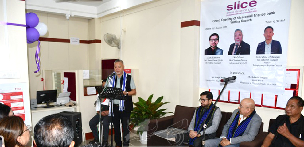Advisor to Chief Minister, Dr. Chumben Murry, delivering a speech during the inaugural programme of the Slice Small Finance Bank's new branch at Wokha District on 30th August 2025. (DPRO Wokha)