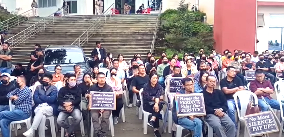 Members of the Nagaland RMSA Teachers’ Association-2016 staging an indefinite sit-in protest outside the Directorate of School Education in Kohima on September 8. (Photo: Special arrangement)
