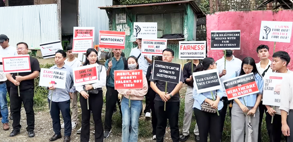 Nagaland Medical Students’ Association (NMSA) members stage a peaceful protest in Kohima on Monday, September 1, demanding fair recruitment and revocation of the August 18 notification regularizing 280 contractual posts.