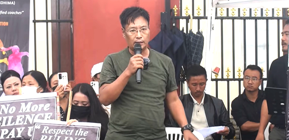Social activist GB Kahuto Chishi addresses protesting Nagaland RMSA 2016 batch teachers during their seventh day of demonstrations in Kohima on Tuesday, 16 March.