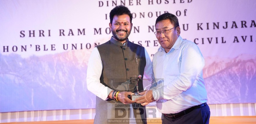 Civil Aviation Minister, Ram Mohan Naidu, presenting memento to Commissioner & Secretary of Transport Department, Robert Longchari, leader of the Nagaland delegation at the North East Region Ministers' Conference on Civil Aviation and the 3rd North East Aviation Summit held at Itanagar, Arunachal Pradesh on 4th September 2025. (DIPR)