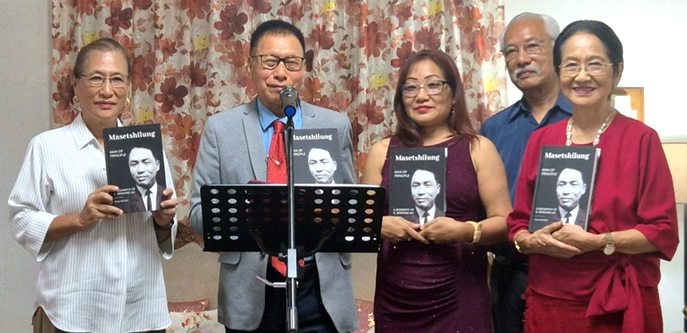 Rev Dr L. Kari Longchar and writer Tiala Imchen with family members during the book launch of the biography of N. Bendang Ao held on September 13, 2025.
