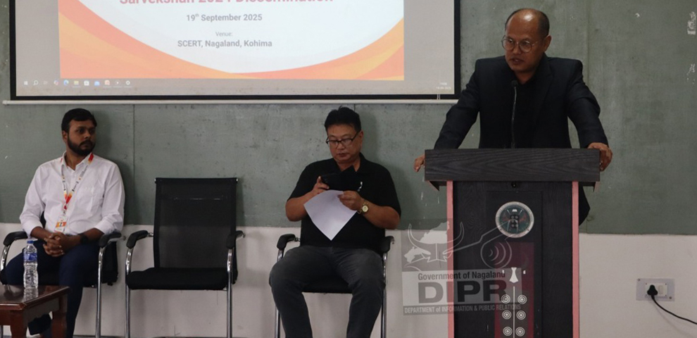 Additional Director, SCERT Nagaland, T. Lima Longkumar addressing during the one-day workshop on Post PARAKH Rashtriya Sarvekshan 2024 Dissemination, held at SIEMAT Hall, SCERT, Kohima on 19th September 2025. (DIPR)