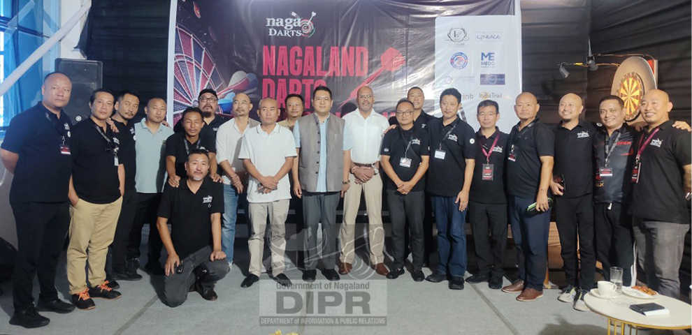 Nagaland Legislative Assembly, Sharingain Longkumer, along with Nagaland Darts Association members at Nagaland Darts Championship 2025 at La Colline Resort, Kohima on 5th September 2025. (DIPR)