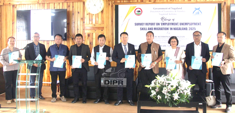 Advisor, IT&C, Economics & Statistics and Evaluation, H. Sethrongkyu Sangtam with Economics & Statistics officials releasing the Survey Report on 'Employment, Unemployment, Skill and Migration' in Nagaland, 2025 at DES Conference Hall on 19th September 2025. (DIPR)