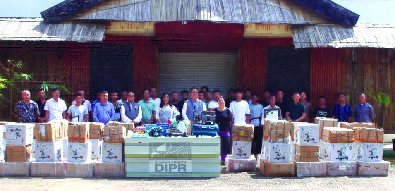 Development Commissioner, Temsunaro Aier, IAS, along with NBDA officials and Trainers with the machineries distributed during the World Bamboo Day 2025 celebration at Nagaland Bamboo Resource Centre, Chümoukedima on 18th September 2025. (DPRO Dimapur
