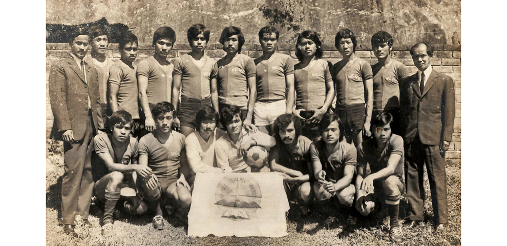 Bendang Jamir (Standing-Centre) was the captain of the first ever football team representing North-Eastern Hill University (NEHU). Seen here with teammates and officials at Raipur, Madhya Pradesh, 1974.