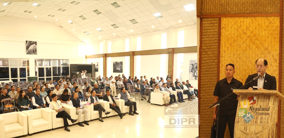 Chief Minister, Dr. Neiphiu Rio, addressing during the meeting to review the preparations for the upcoming Hornbill Festival 2025 with line departments at Bamboo Hall, Naga Heritage Village, Kisama on 12th September 2025. 