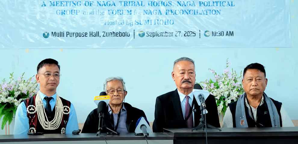 Dr. Vihuto T. Asumi, President, Sumi Hoho; Niketu Iralu, Member, FNR; Rev. Dr. Wati Aier, Convenor, FNR; and Thejao Vehienuo, President, Angami Public Organisation addressing a press conference after the Naga Reconciliation Meeting in Zunheboto on September 27.