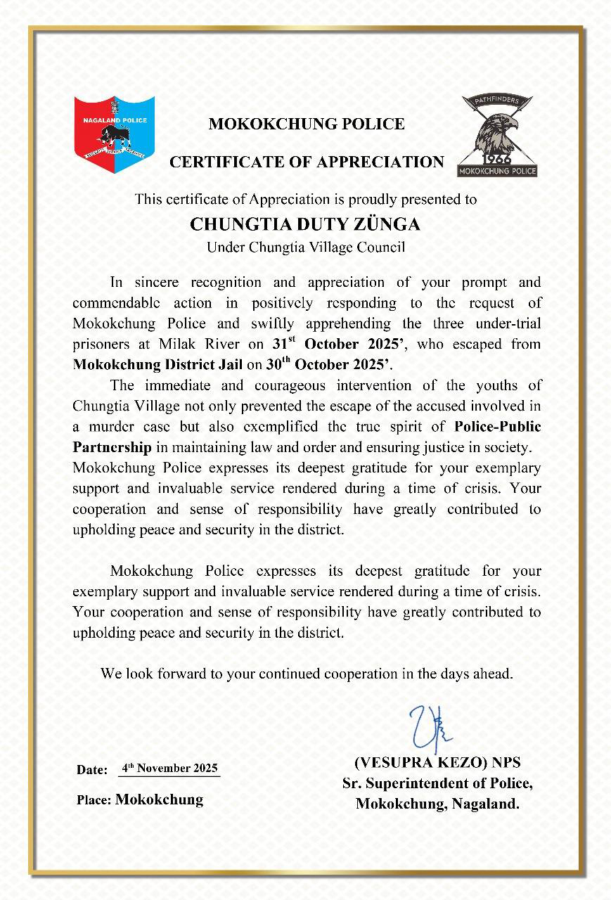 Mokokchung Police commends ‘Chungtia Duty Zünga’ for swift capture of escaped prisoners