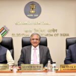 Chief Election Commissioner Gyanesh Kumar, along with Election Commissioners Vivek Joshi and Sukhbir Singh Sandhu, at the ECI office, Nirvachan Sadan, New Delhi.