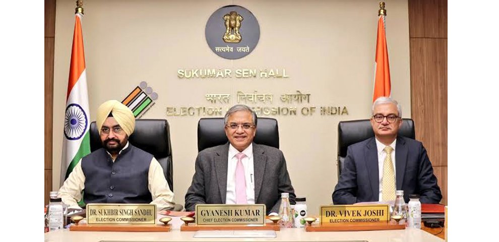 Chief Election Commissioner Gyanesh Kumar, along with Election Commissioners Vivek Joshi and Sukhbir Singh Sandhu, at the ECI office, Nirvachan Sadan, New Delhi.